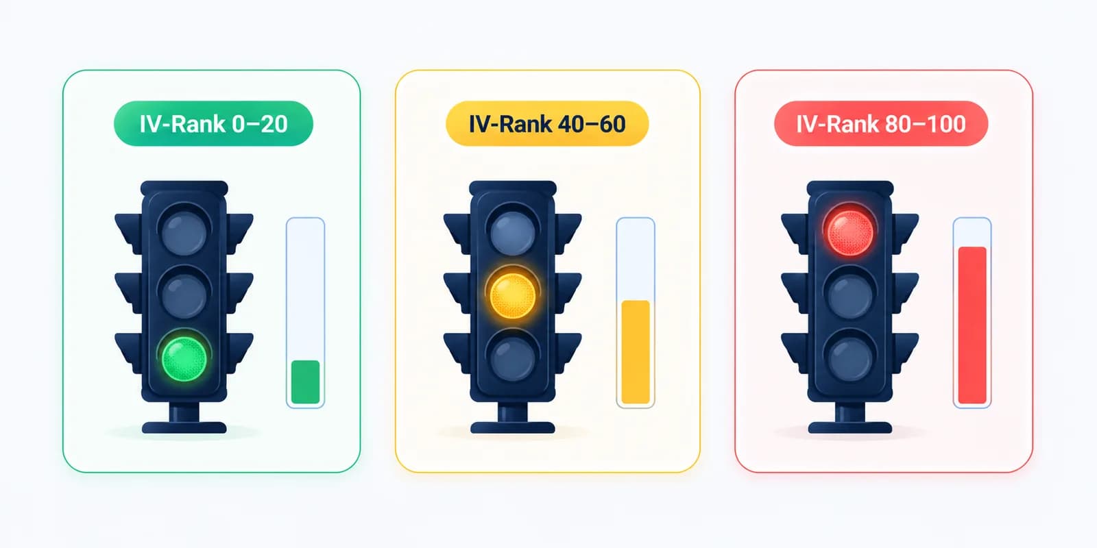 Ampel-Grid zum Vega im Marktkontext: niedriger, mittlerer und hoher IV-Rank und was das für Vega-Positionen bedeutet.