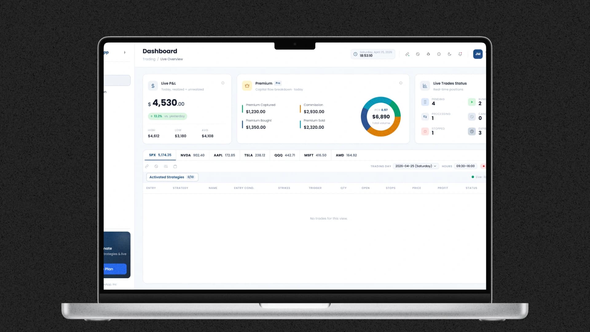 Dashboard für automatisierten Aktienhandel in der OptionsApp mit Live-Status, offenen Positionen und Tages-P&L