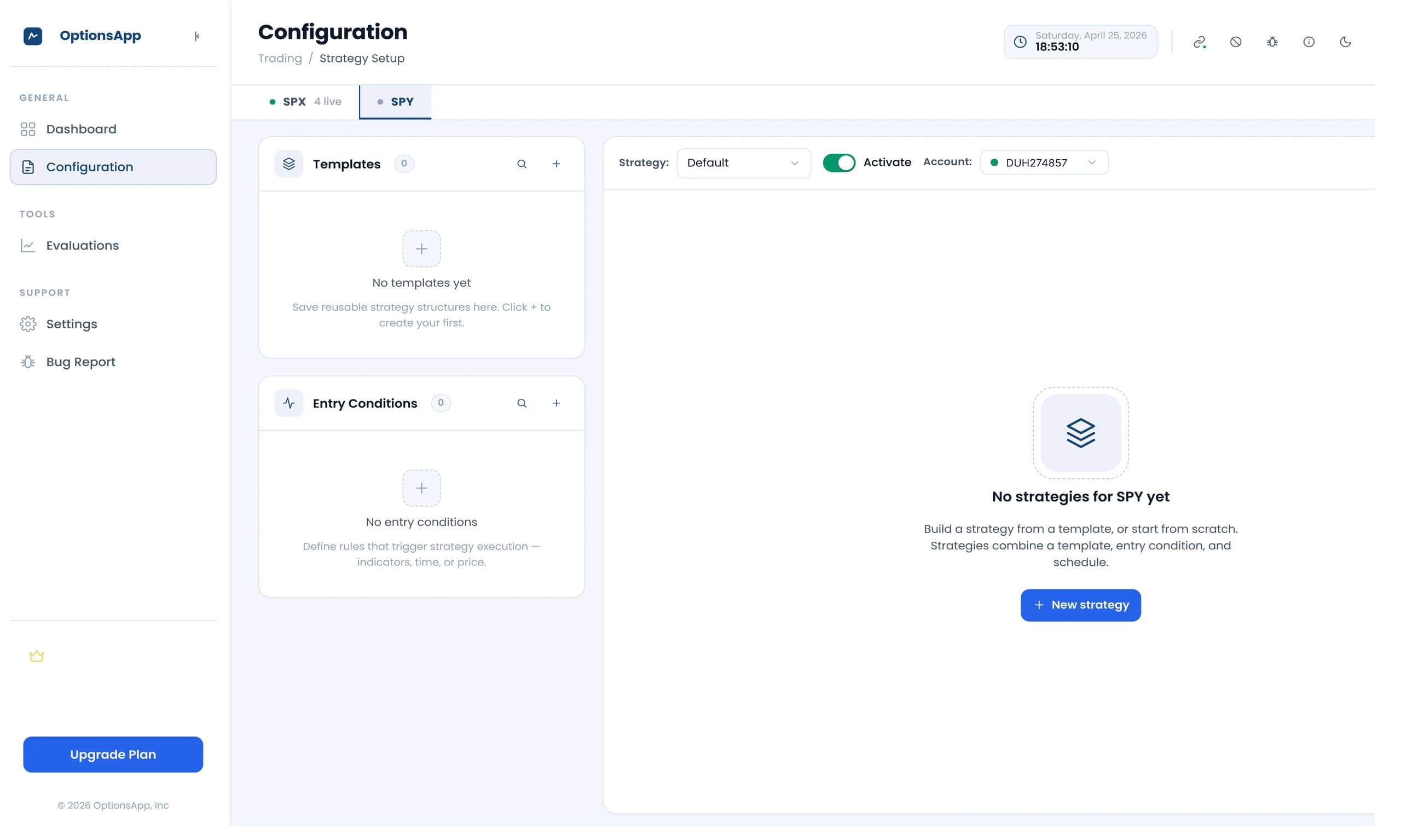 OptionsApp Dashboard im hellen Interface, Session 1