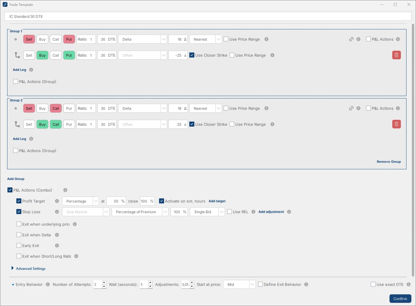 Beispiel: OptionsApp Trade-Template IC Standard 30 DTE mit Short-Strikes bei 0,16 Delta und 25-Punkt-Wings je Seite