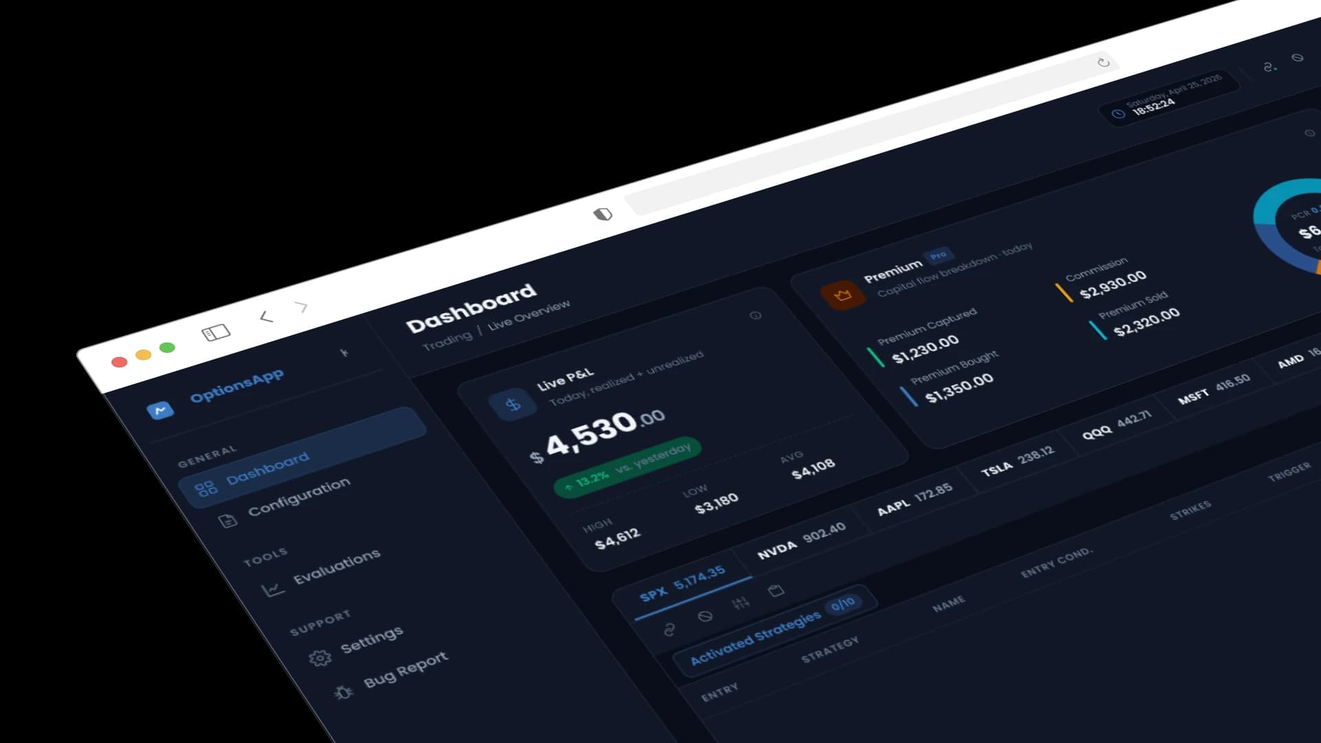 OptionsApp Dashboard für automatisierten Optionshandel: Live-GuV, Prämien-Übersicht und aktivierte Strategien im Dark Mode
