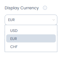 Auswahl der Display Currency in der OptionsApp: USD, EUR oder CHF