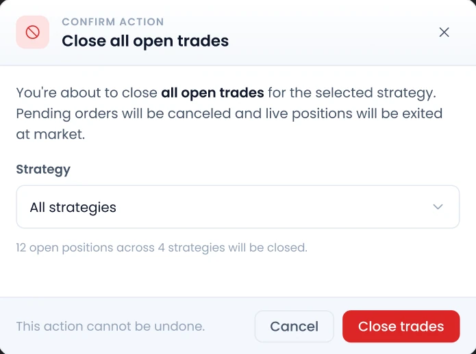 Dialog der OptionsApp zum Schließen aller offenen Trades einer Strategie mit einem Klick