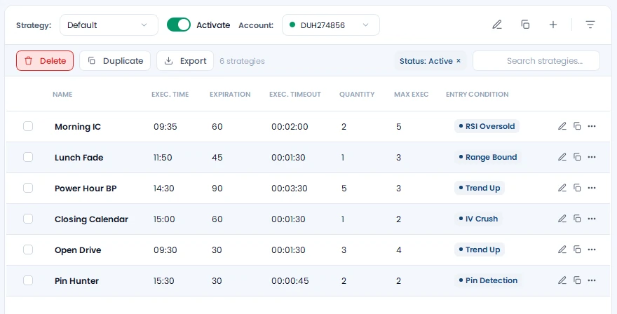 Strategie-Bereich der OptionsApp: sechs aktive Strategien mit Ausführungszeit, Quantity und Entry Condition
