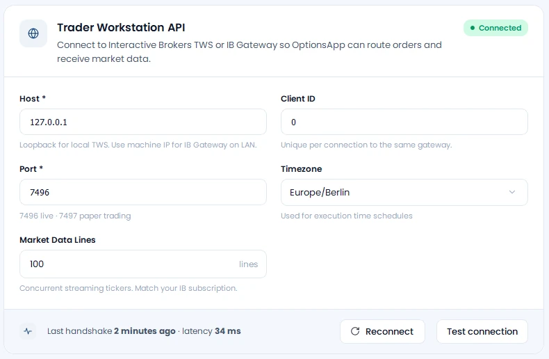 Trader Workstation API in der OptionsApp: Host, Port und Client ID, Status Connected