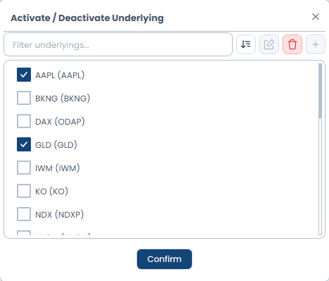 Underlyings in der OptionsApp aktivieren und deaktivieren: Liste mit AAPL, GLD, IWM und NDX samt Filterfeld