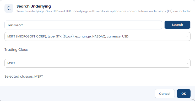 Suche nach einem Underlying in der OptionsApp: Microsoft gefunden, Trading Class MSFT ausgewählt